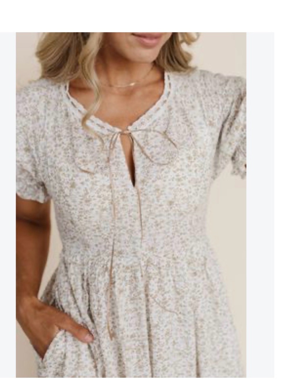 bohme Cream Floral V-Neck Midi Dress with Puff Sleeves